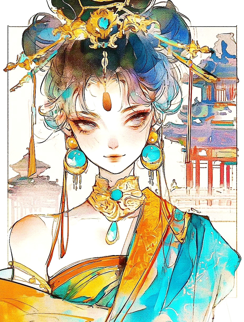 ai生成的一组动漫人物插画,展现了造型华丽古朴的国风角色形象