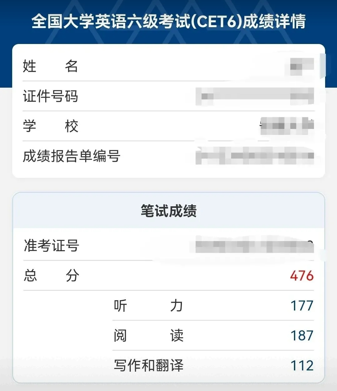 今天早上 6 点,我准时登录查询孩子的英语六级成绩,而他自己却在呼呼