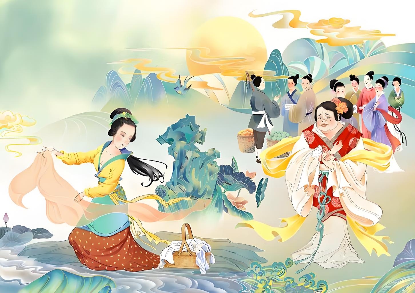 东施效颦:美女西施因病而皱着眉头,邻居丑女见了觉得很美,就学西施也