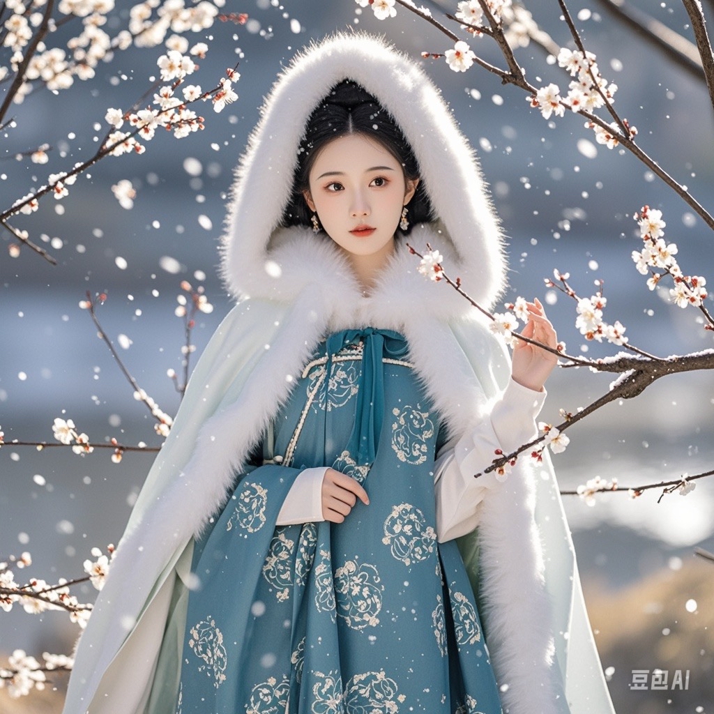 女似与雪景梅香化为唐朝 女子 冬装晨曦汉服女观梅古装美女冬装图片