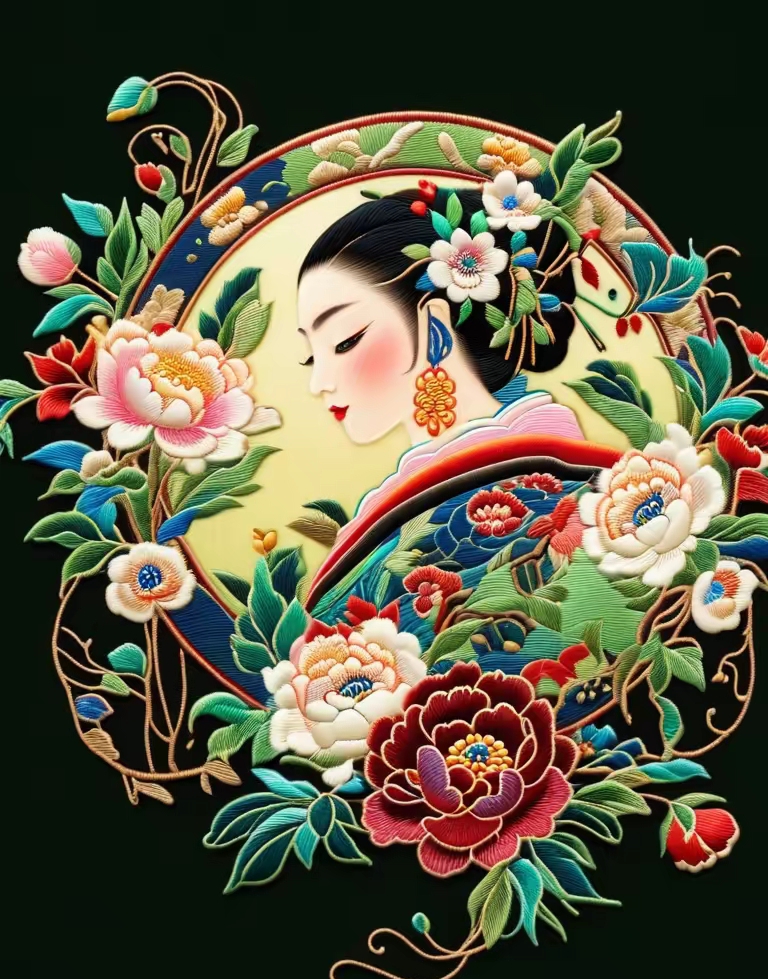 【刺绣】花中美女图案设计