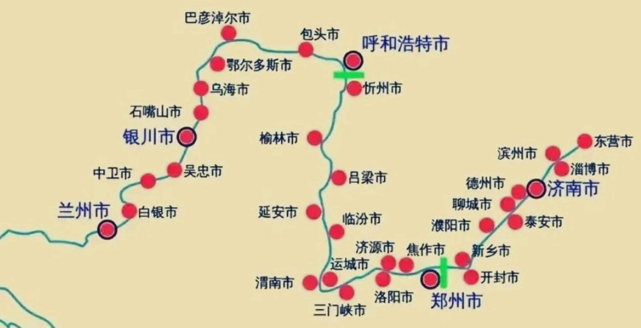 黄河流经的所有城市,包括有五个省会城市,兰州,银川,呼和浩特,郑州
