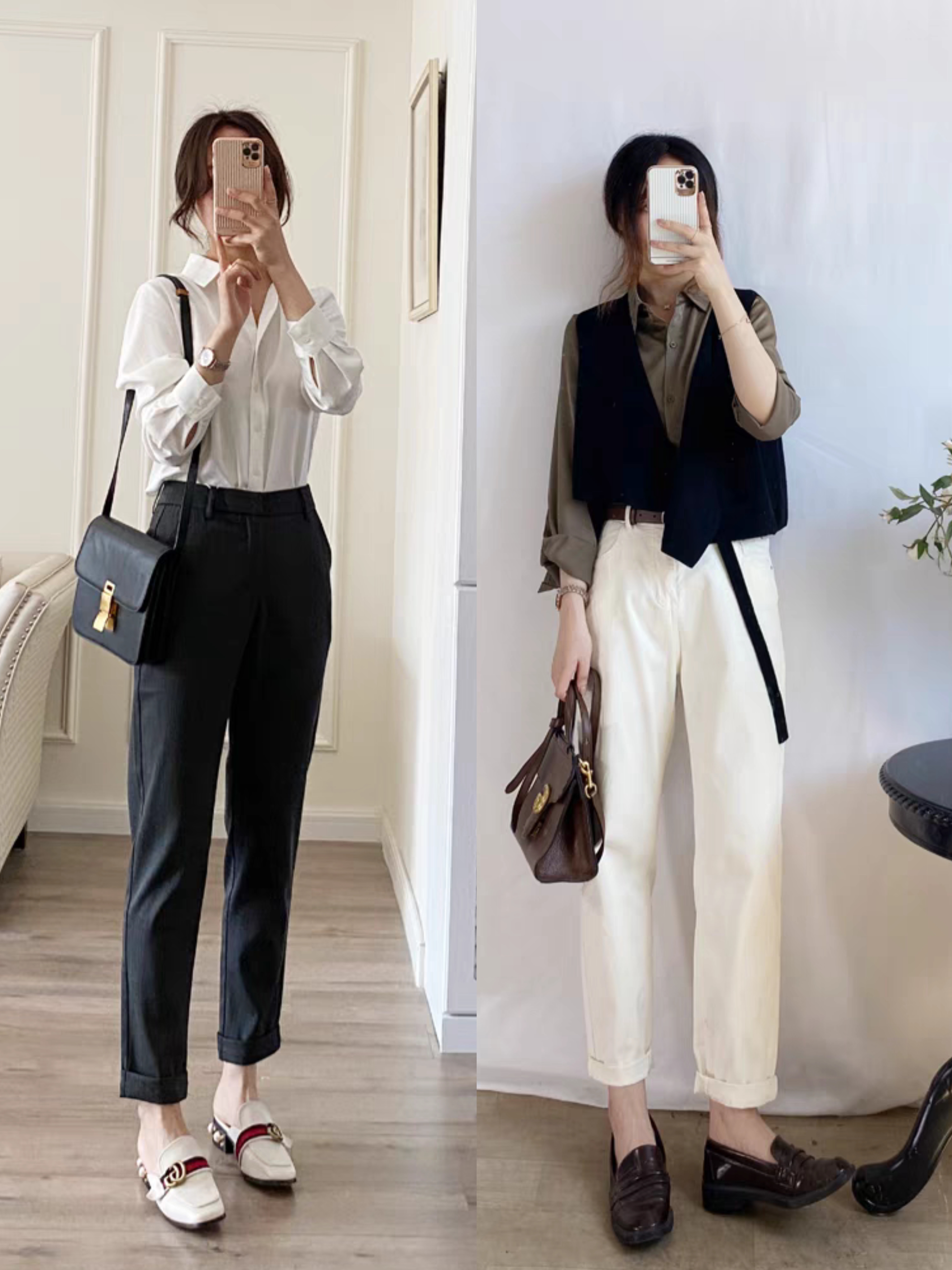 黑白色搭配简洁大方,如黑色西装外套配白色衬衫或白色上衣搭黑色裤子