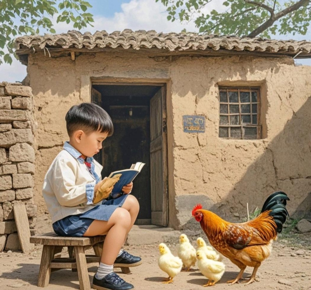 在那古朴的土坯房前一个孩子正全神贯注地读书.