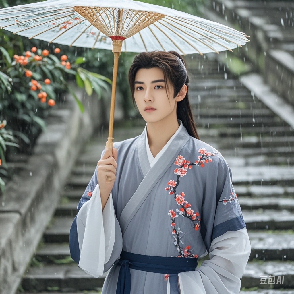 青衫男穿青衫的古装照片男古今早古城里细雨绵绵,古老的青石古道更显