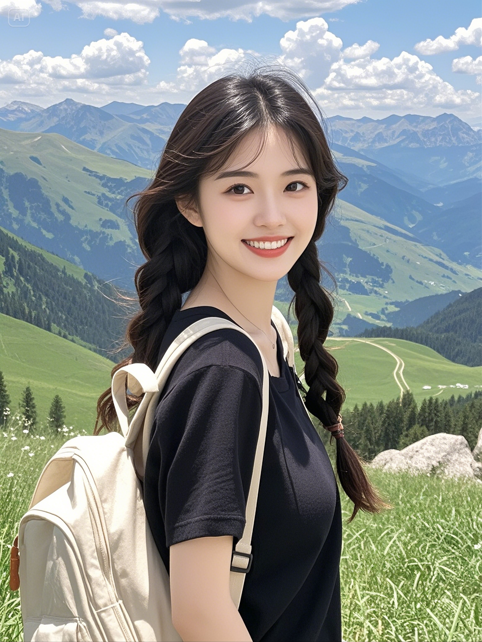 黑色的长发被扎成了两个麻花辫,随风轻轻飘动