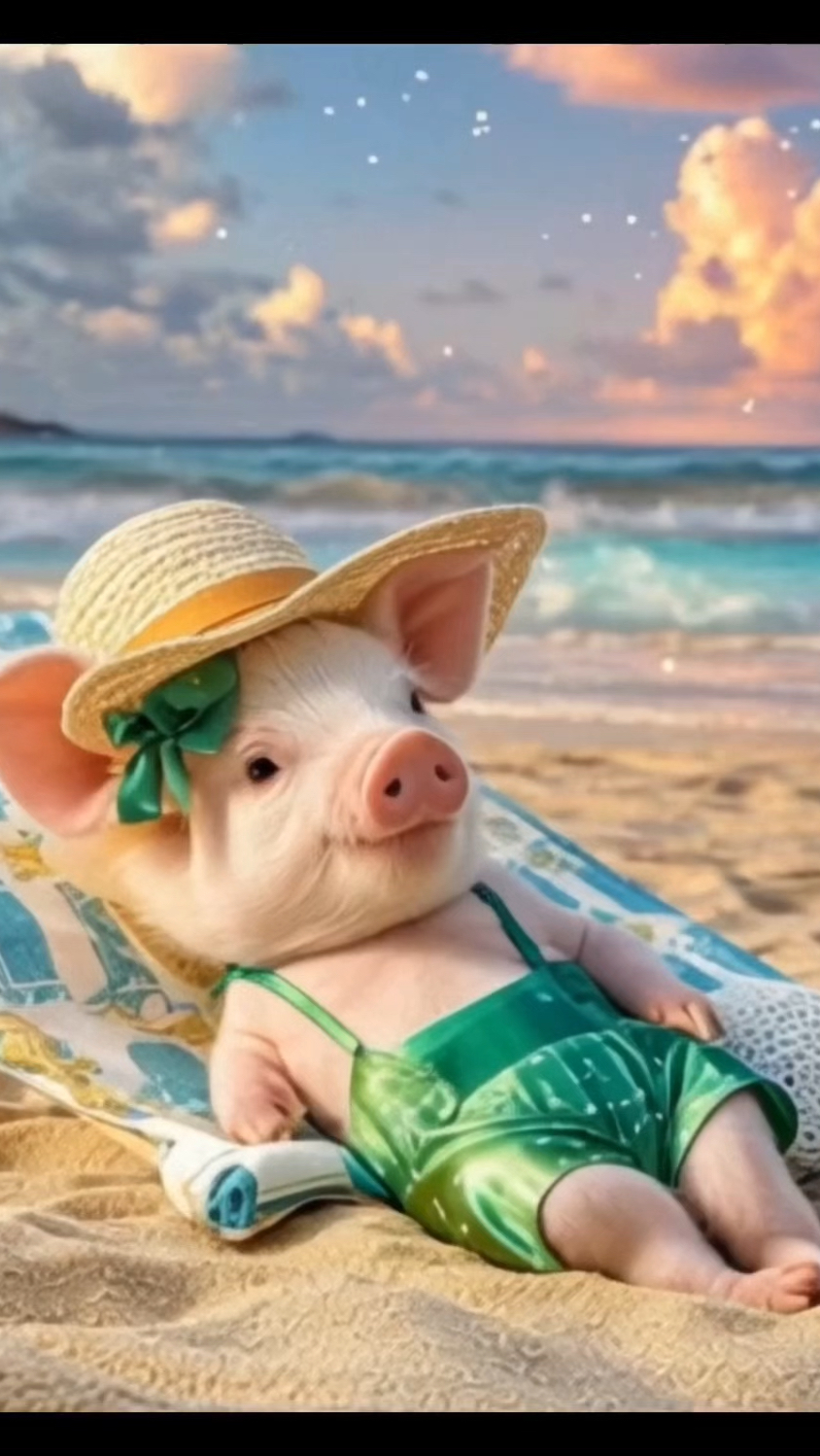 海边悠闲度假的小猪