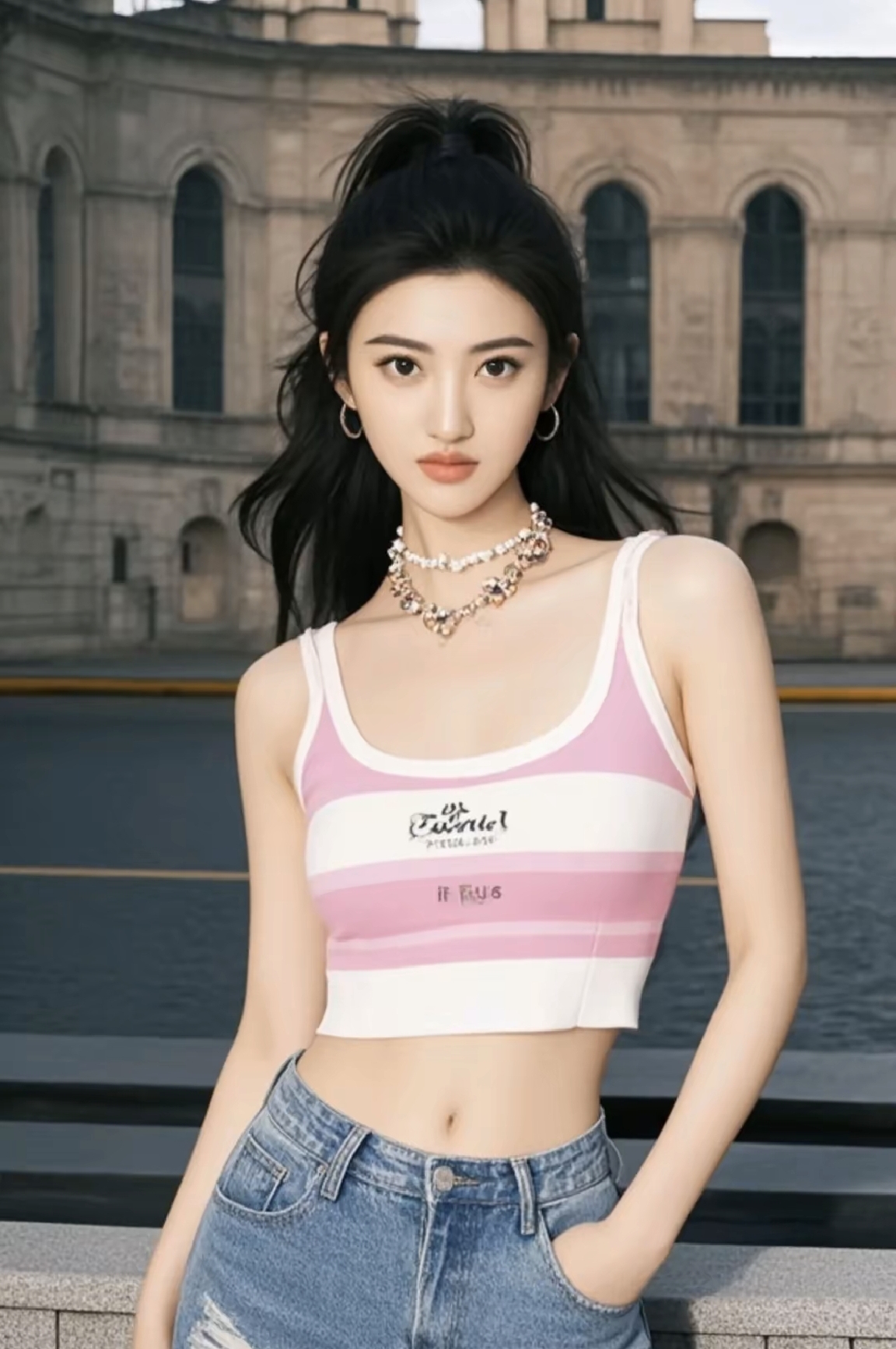 景甜的一组写真美照,粉白撞色无袖吊带小背心,配牛仔短裤,又美又飒