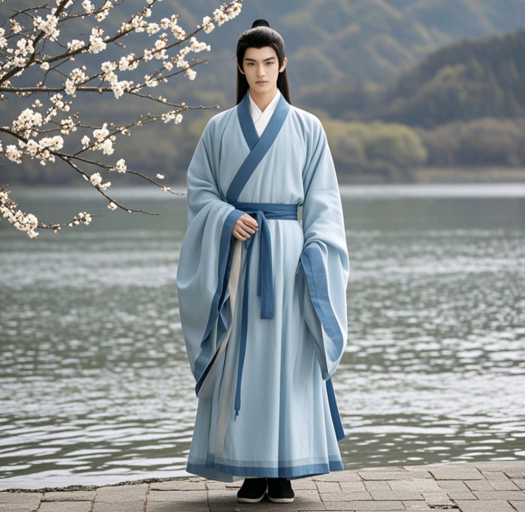 河边几束伸展出的梅枝下的帅气男子,似赏景,又似