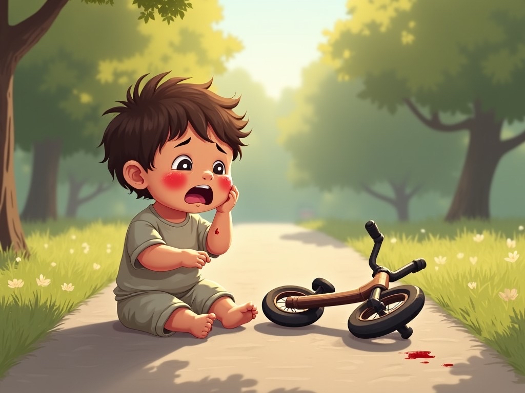 带孩子在公园骑平衡车,孩子不小心摔跤了,手臂碰破了皮渗出了,孩子