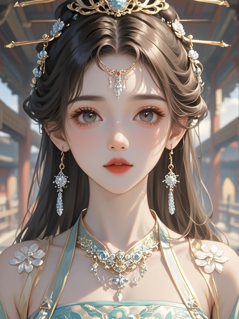 动漫美女壁纸# 古装美女还得看中国啊,银色耳坠,金色头饰,五官精致