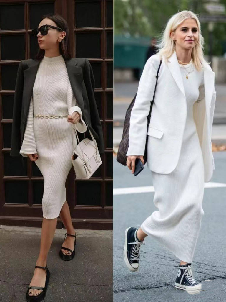 看欧美街拍才明白,"针织连衣裙"可美可飒,时髦精都在穿!