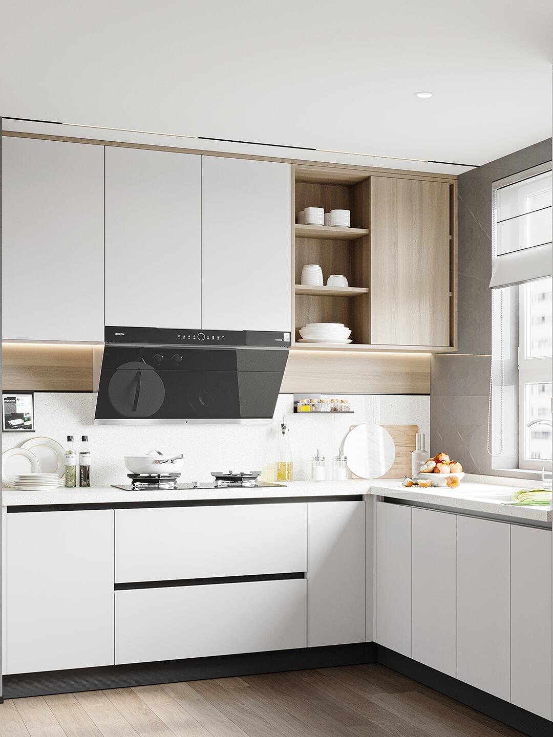 柔和干净,整个厨房都明亮了起来,空间显大一绝 	 橱柜设计 吊柜:暖调