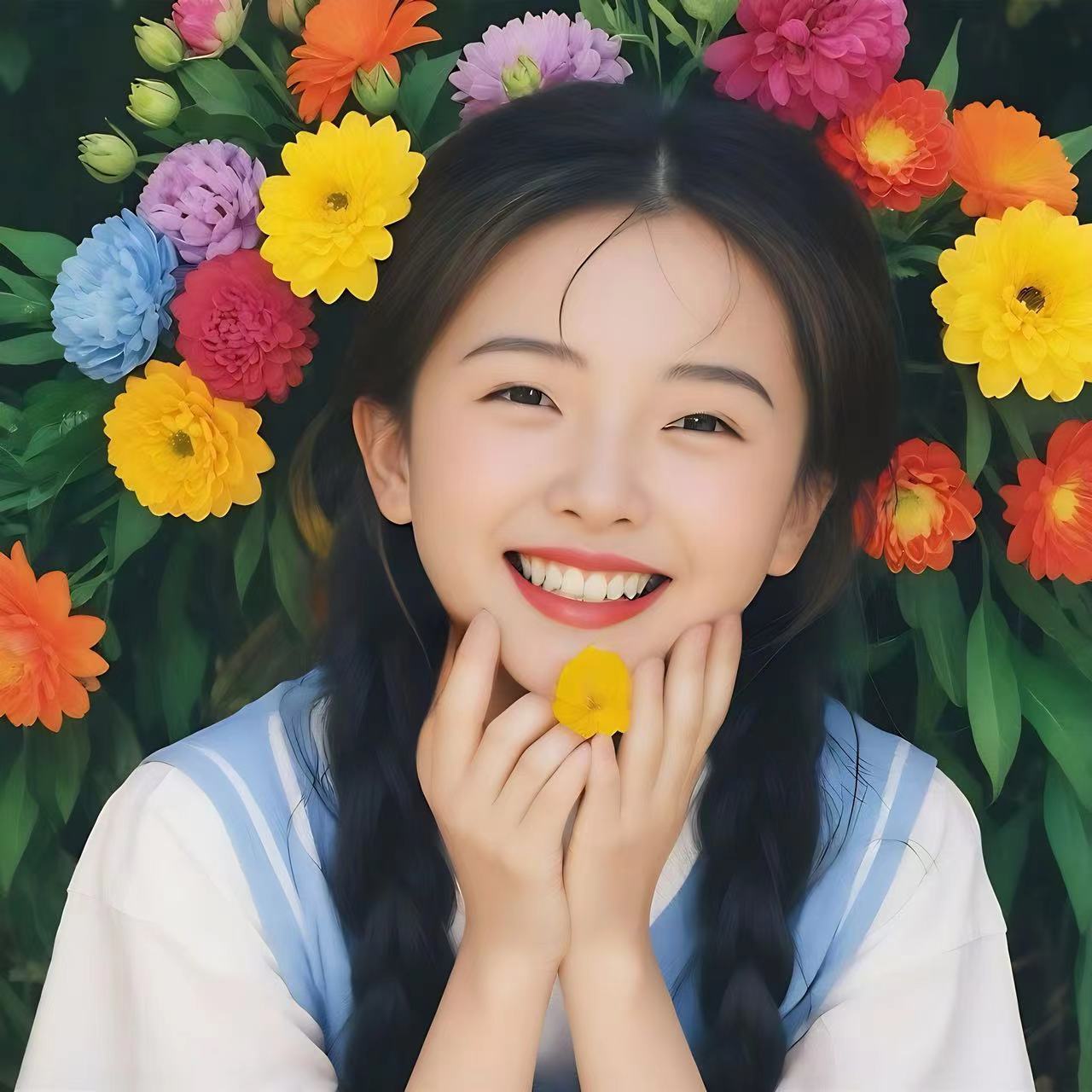 青春少女如灵动的蝴蝶般置身于绚丽的花丛中,开心大笑