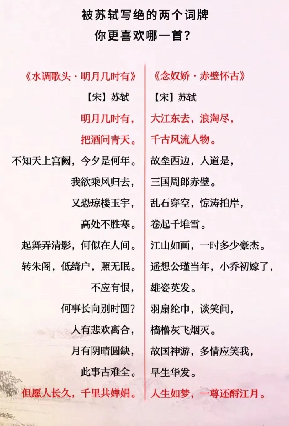 北宋大文豪苏轼最脍炙人口的两首词:《水调歌头·明月几时有》和