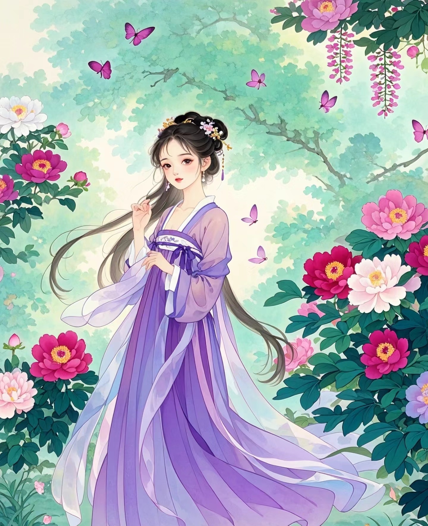 古风紫衣美少女牡丹花丛中