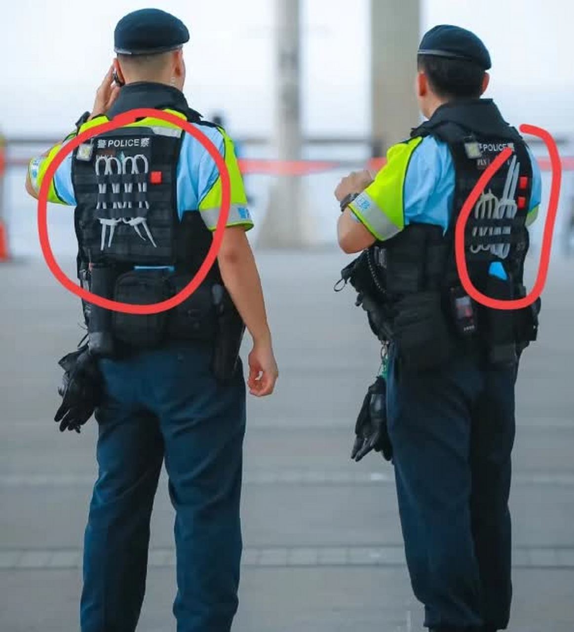 香港警察战术背心后面都插有这种白色的折叠起来像电线一样的装备,看