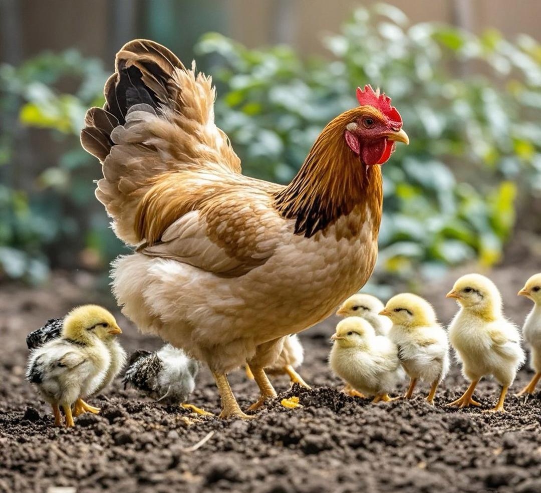 老母鸡带着一群小鸡在田里找东西吃