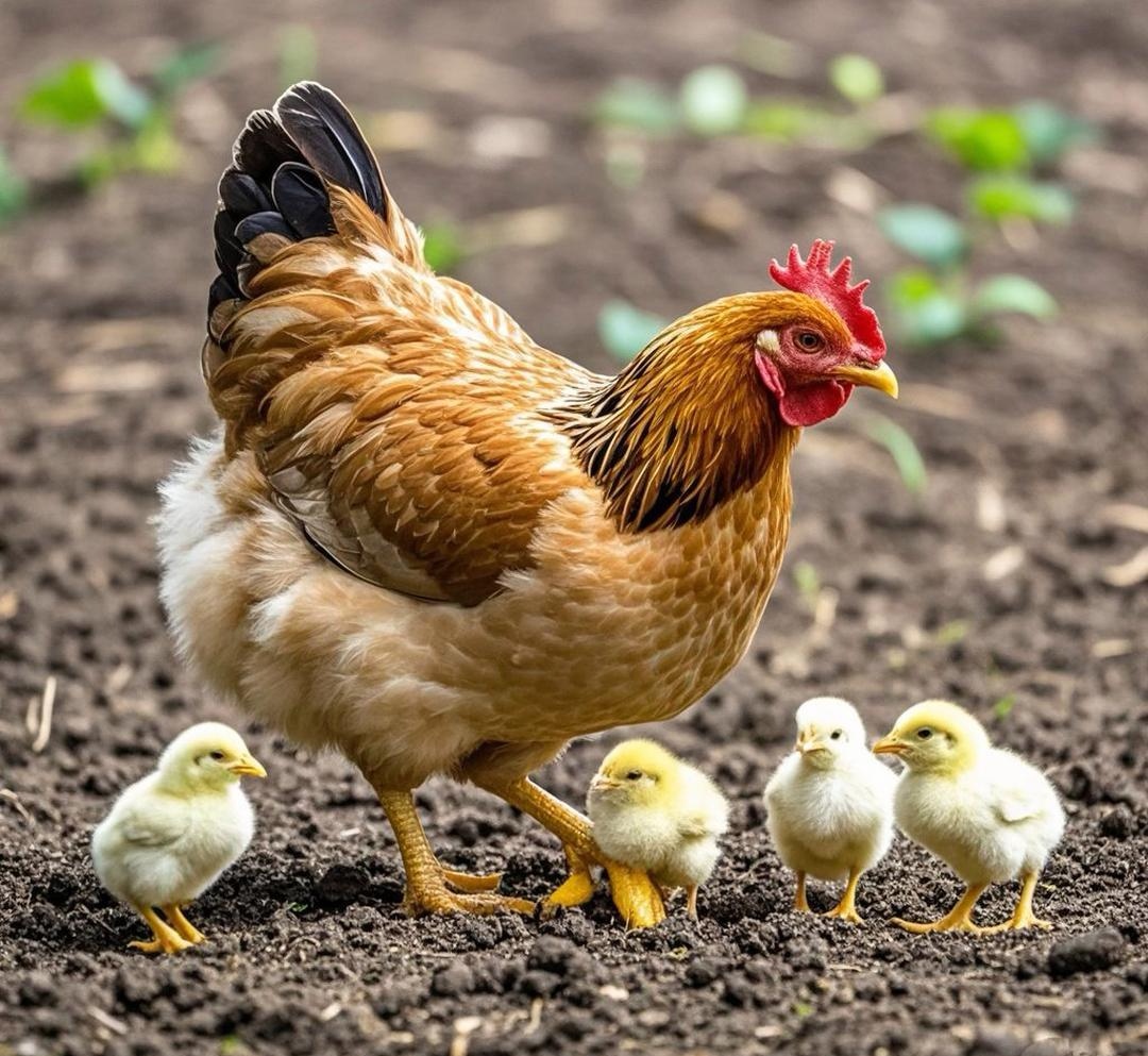 老母鸡带着一群小鸡在田里找东西吃