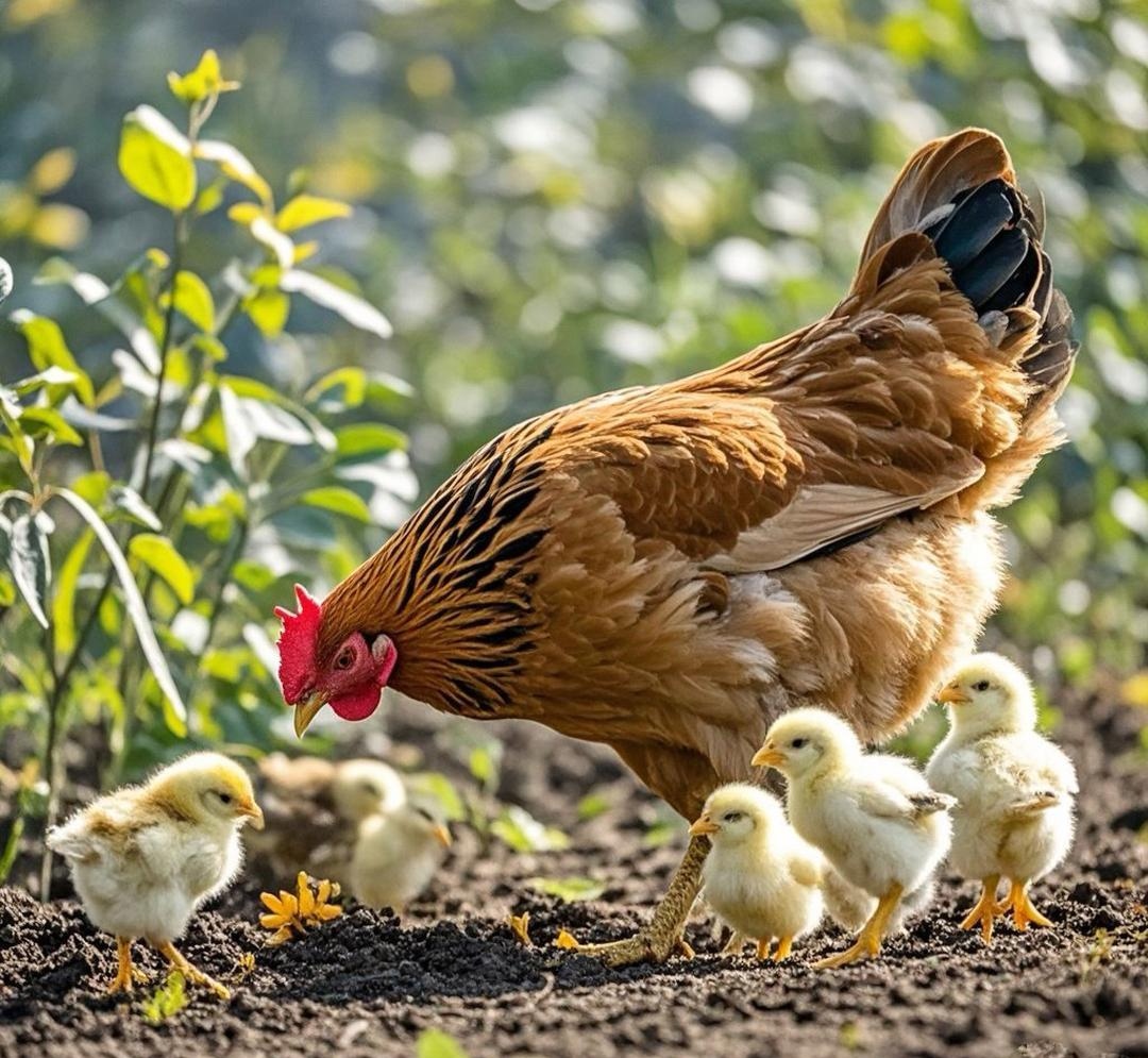 老母鸡带着一群小鸡在田里找东西吃