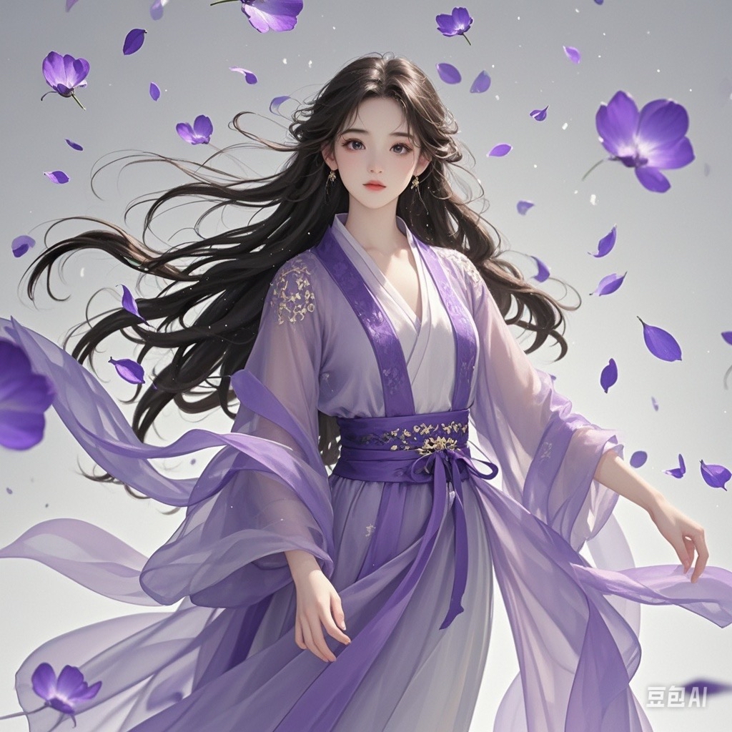 紫色花瓣在空中飞舞,一个紫衣少女慢慢显现,来自紫薇星的少女衣袂飘飘