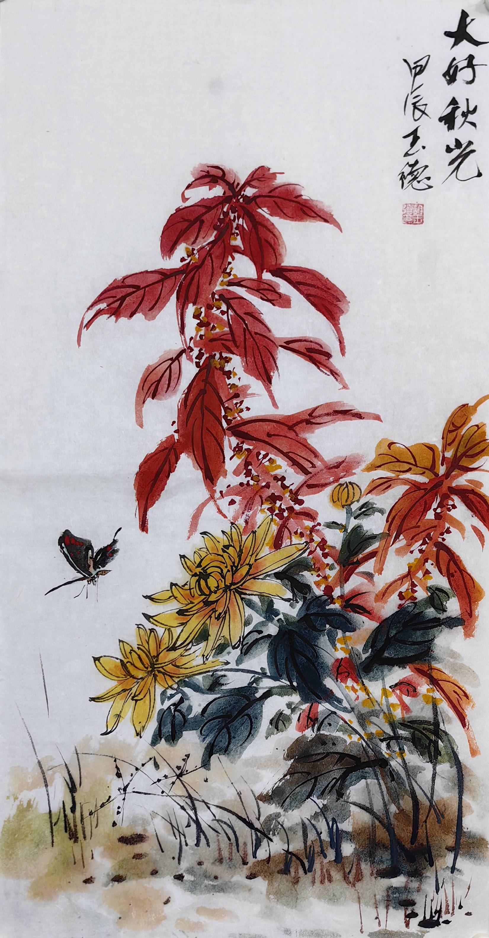 《秋光斑斓》菊花雁来红小鸟麻雀小鸡组合色彩斑斓丰富多彩#金秋动态