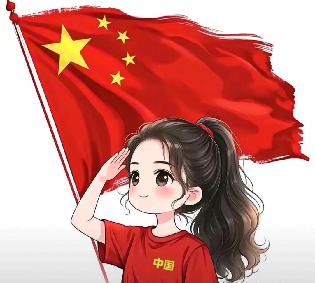头像拥抱国旗的小女孩卡通爱国女孩卡通两只手拿小红旗图片清澈的爱