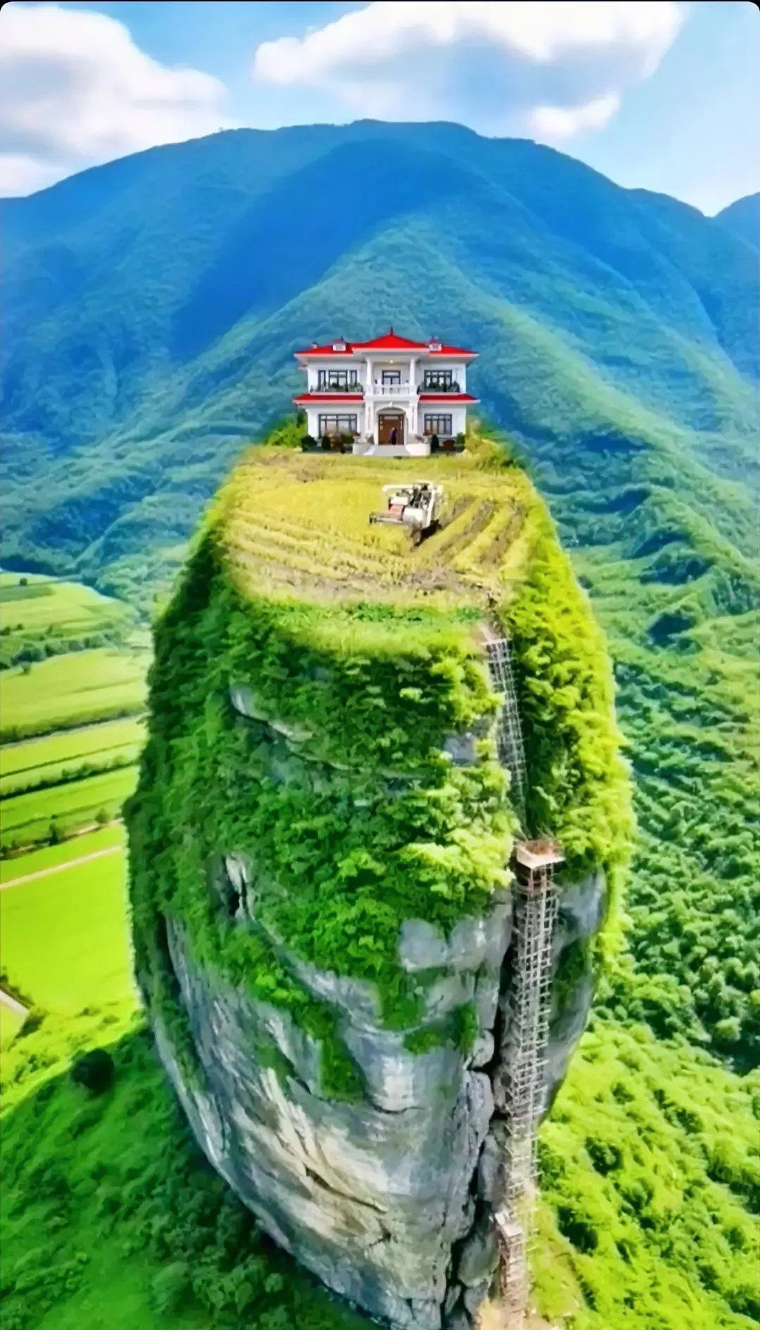 高山悬崖峭壁上,有智慧人盖起楼房,开荒种地,用手扶播种机忙碌着.