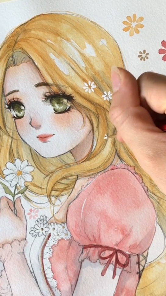 甜美鲜花少女水粉上色