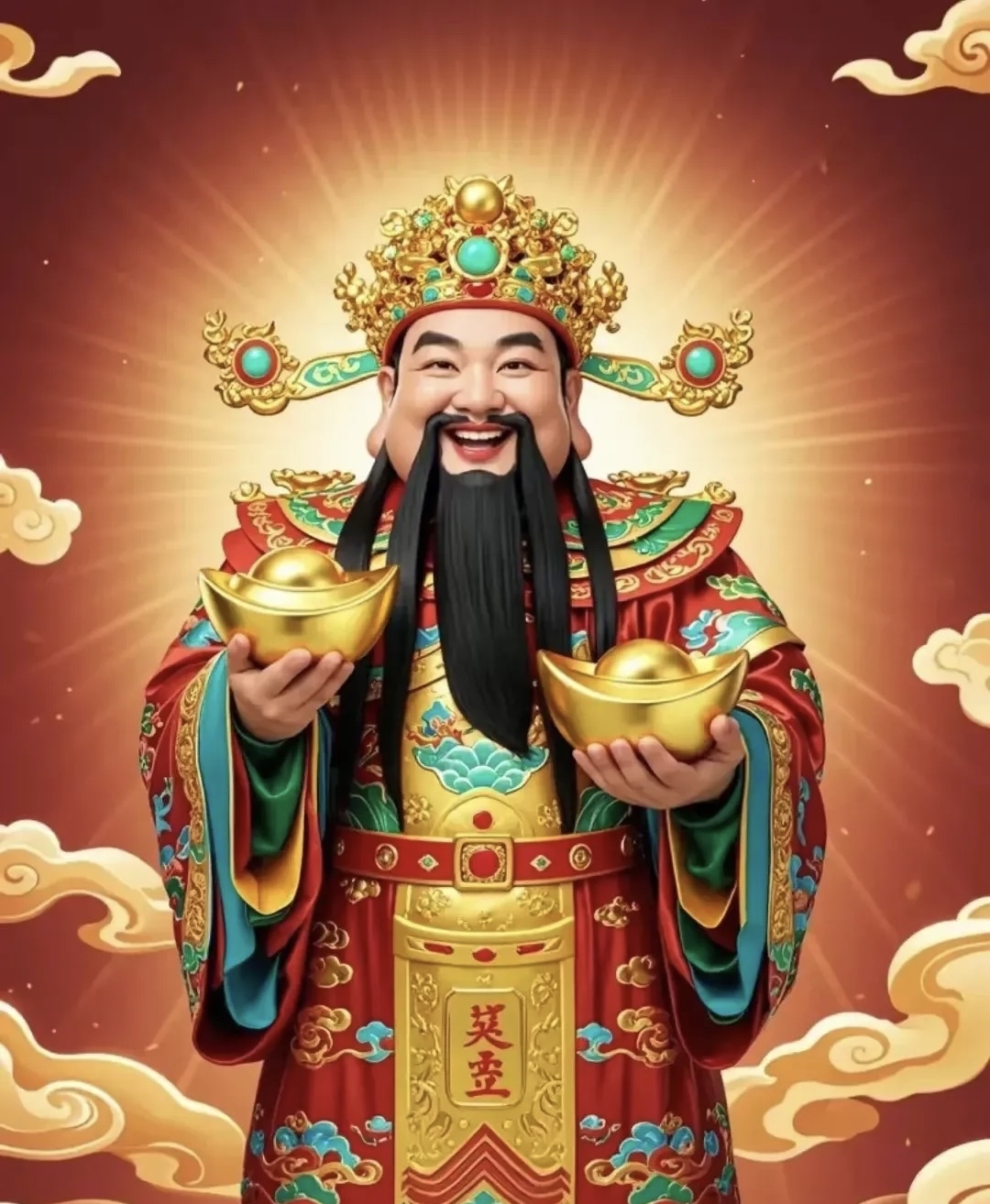 看,财神爷双手托着两个大金元宝给你送来了!你接不接?