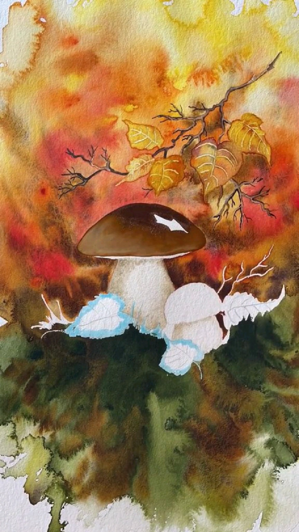 秋日树林里的蘑菇水彩画