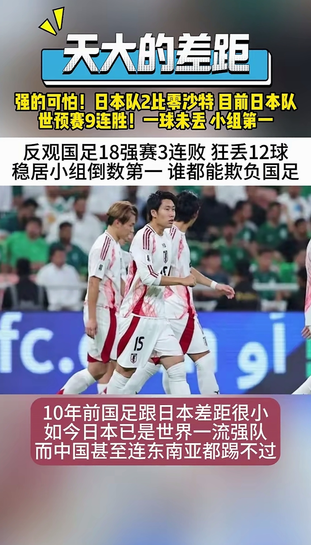 10年前国足跟日本差距很小,如今日本已是世界一流强队中国国足倒数第