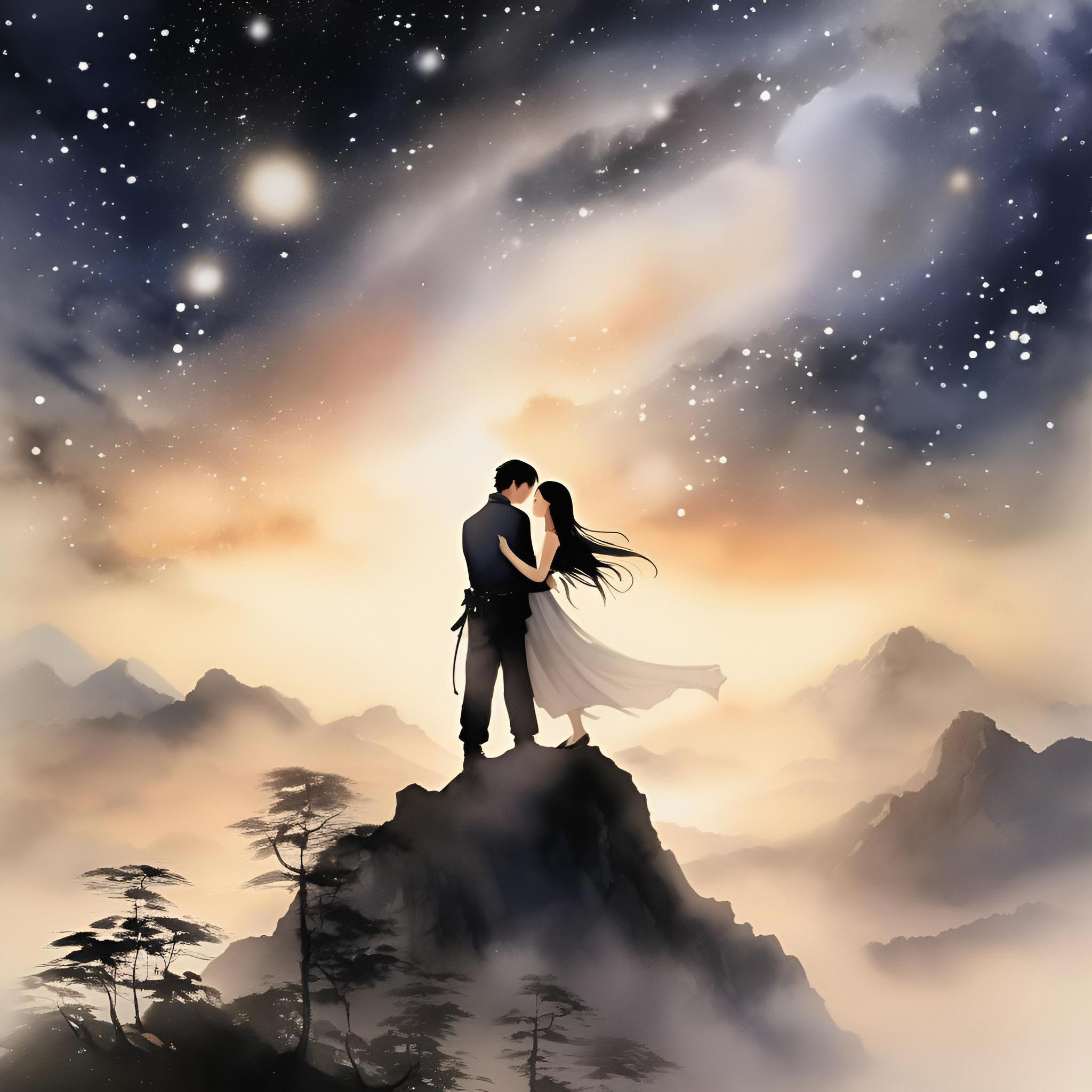 在这幅画中,一对情侣在星空下的山峰上相拥,背景是梦幻般的夜空和连绵