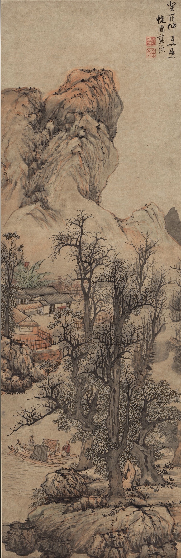 《秋山渔隐图》(古画欣赏) 明  蓝瑛  天津博物馆 立轴		纸本		设色