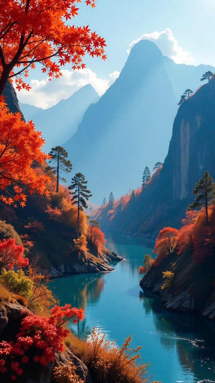 "山美水美秋更美",这句话描绘了一幅美丽的自然画卷.