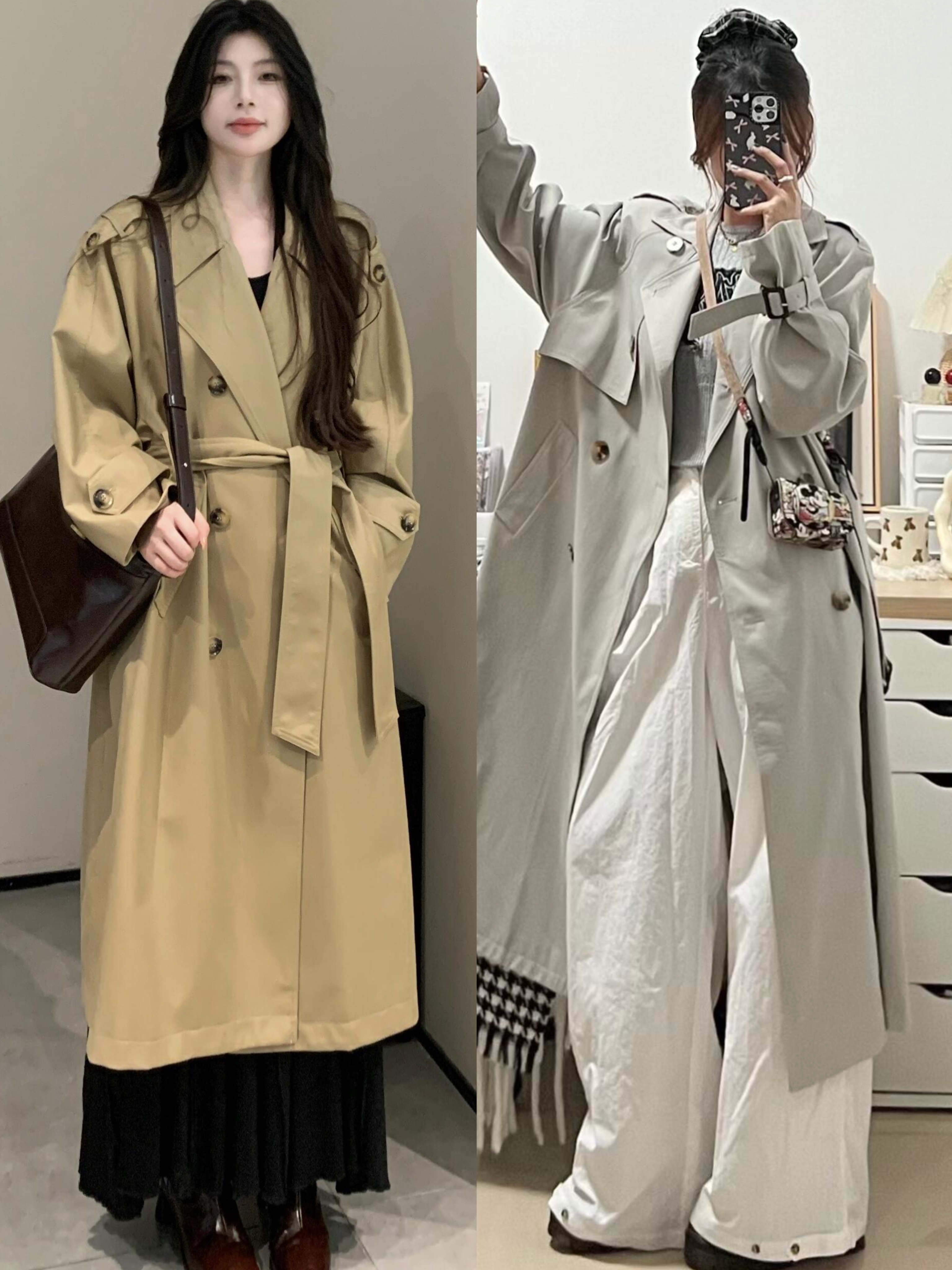 秋冬季女生长款风衣搭配裙装和裤装有多种方式.