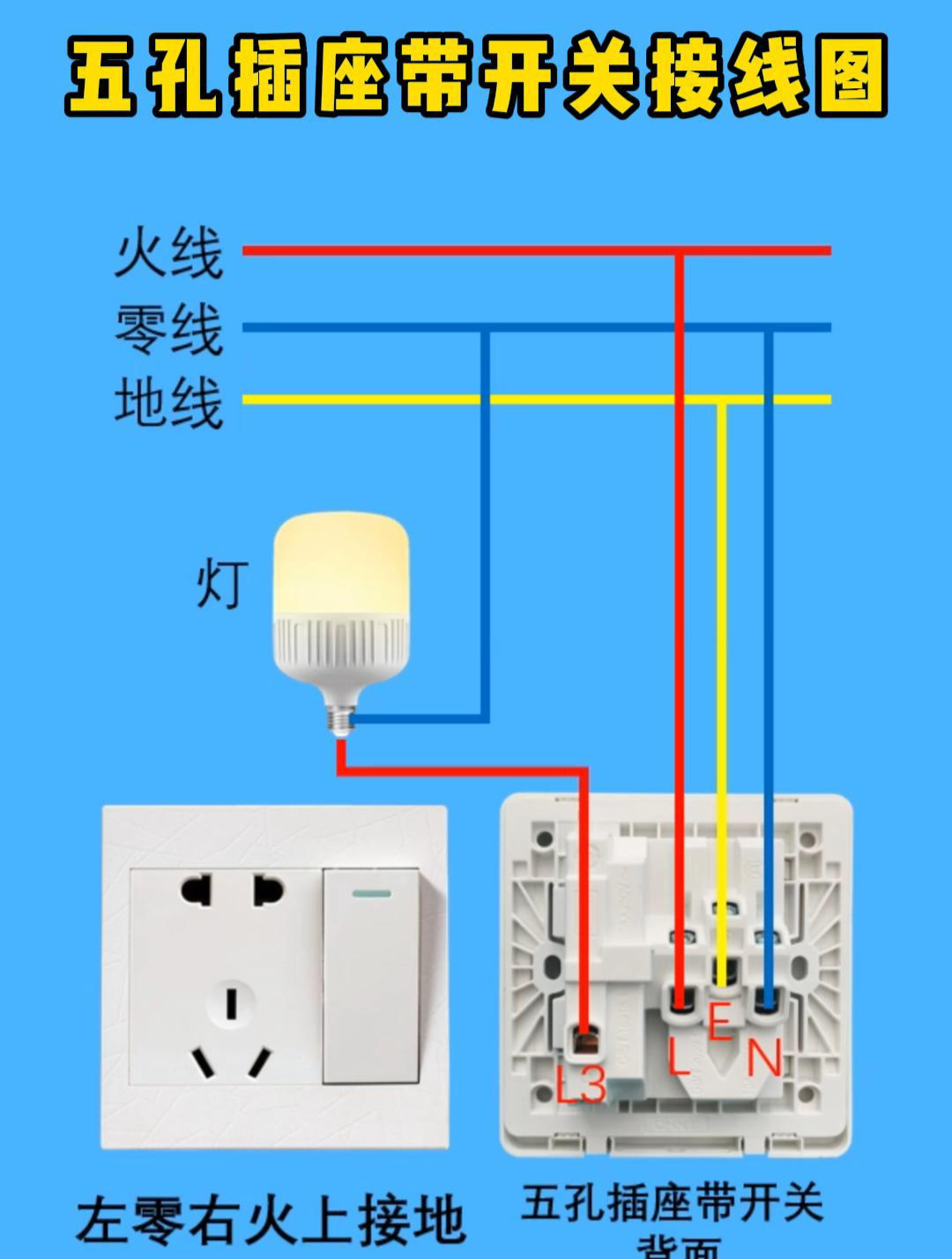 五孔单开接线图图片