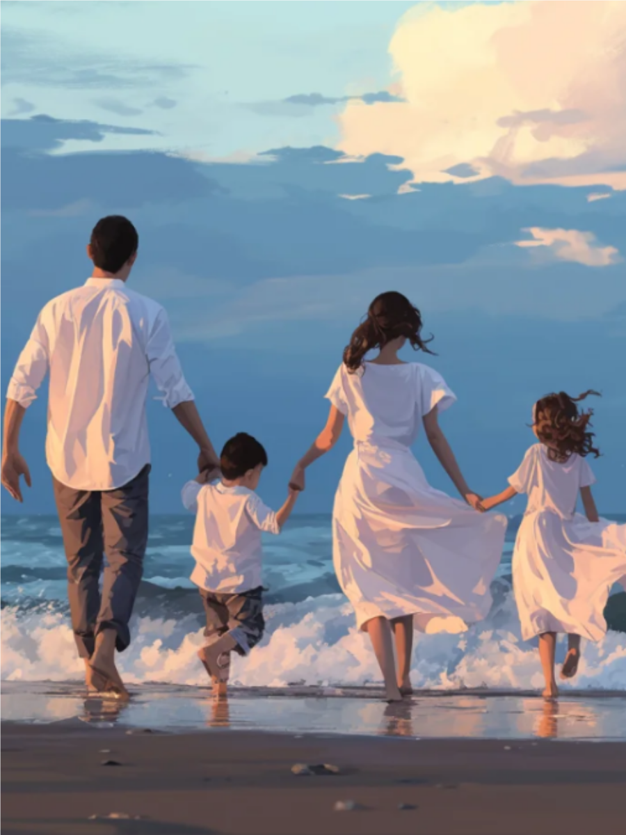 一家四口的漫画图片一儿一女 头像