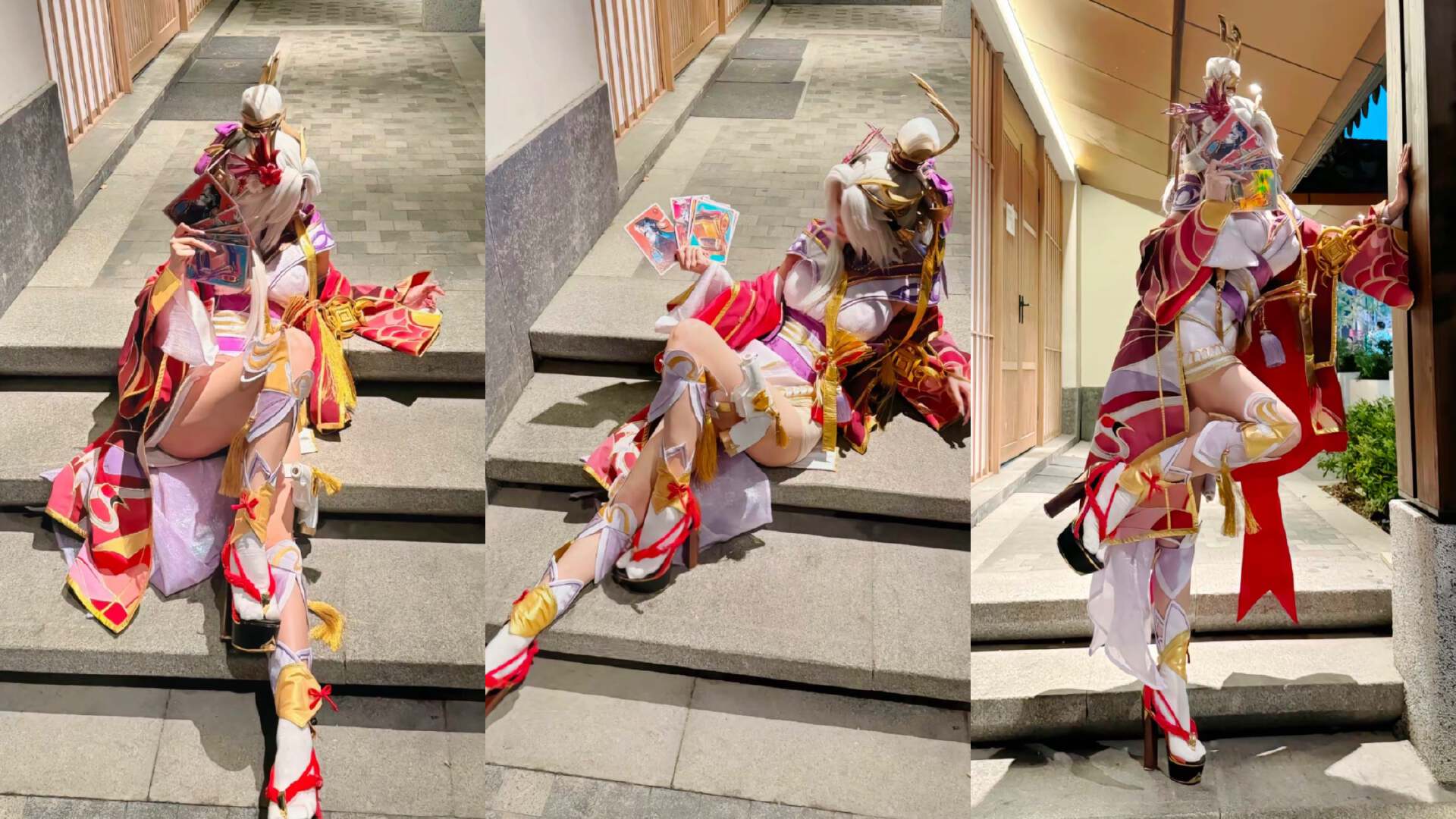 王者cos:"腿比命长"的火舞,躺在台阶上,玩着卡牌,好惬意