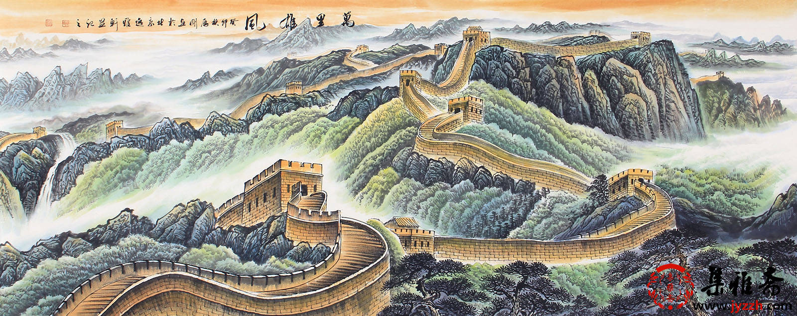 云层和山脉的细节刻画,可以看出其精湛的画功,画家通过对万里长城远近