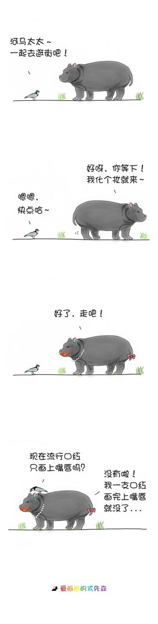 漫画:牙签鸟与河马  当河马饱餐后,牙签鸟会啄食河马牙齿缝间的鱼,蚌