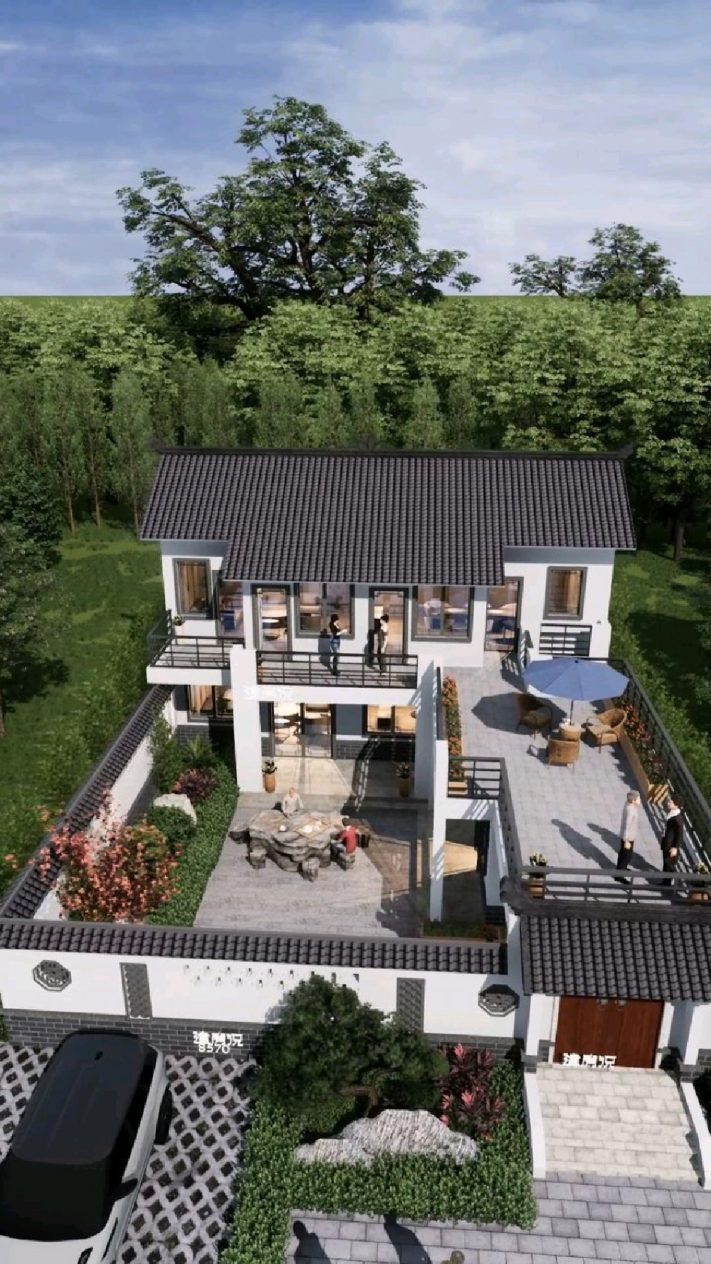 13x17米二层现代中式小院自建房别墅设计-度小视