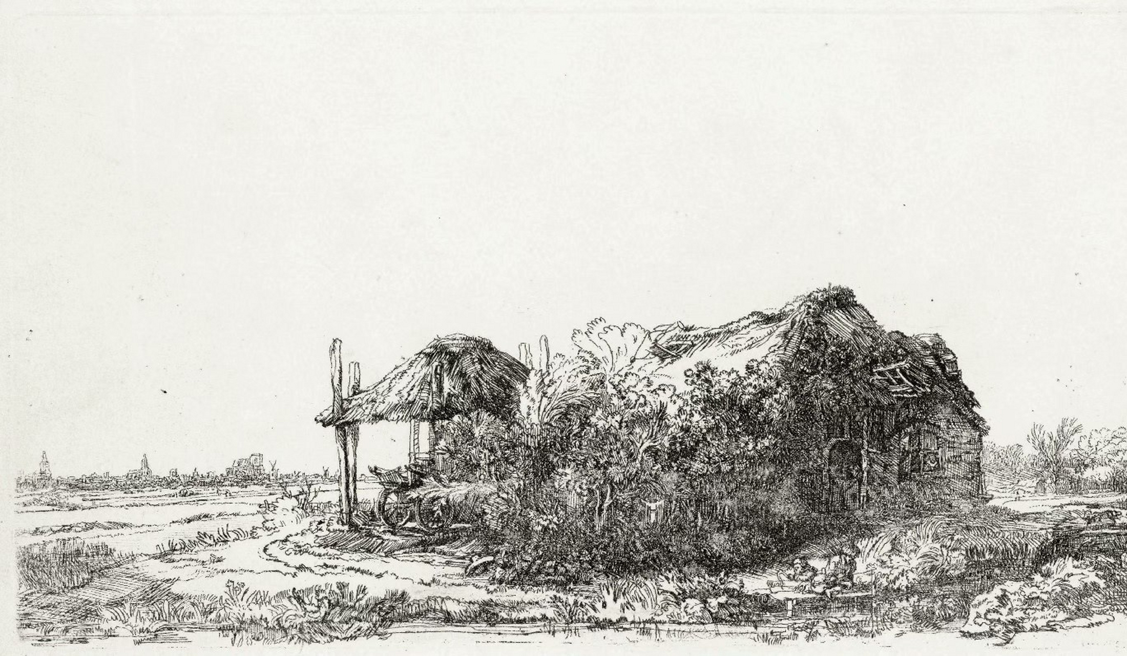 1880年～铜版画《有村舍与干草仓的风景》,是一幅用照相凹版复制的