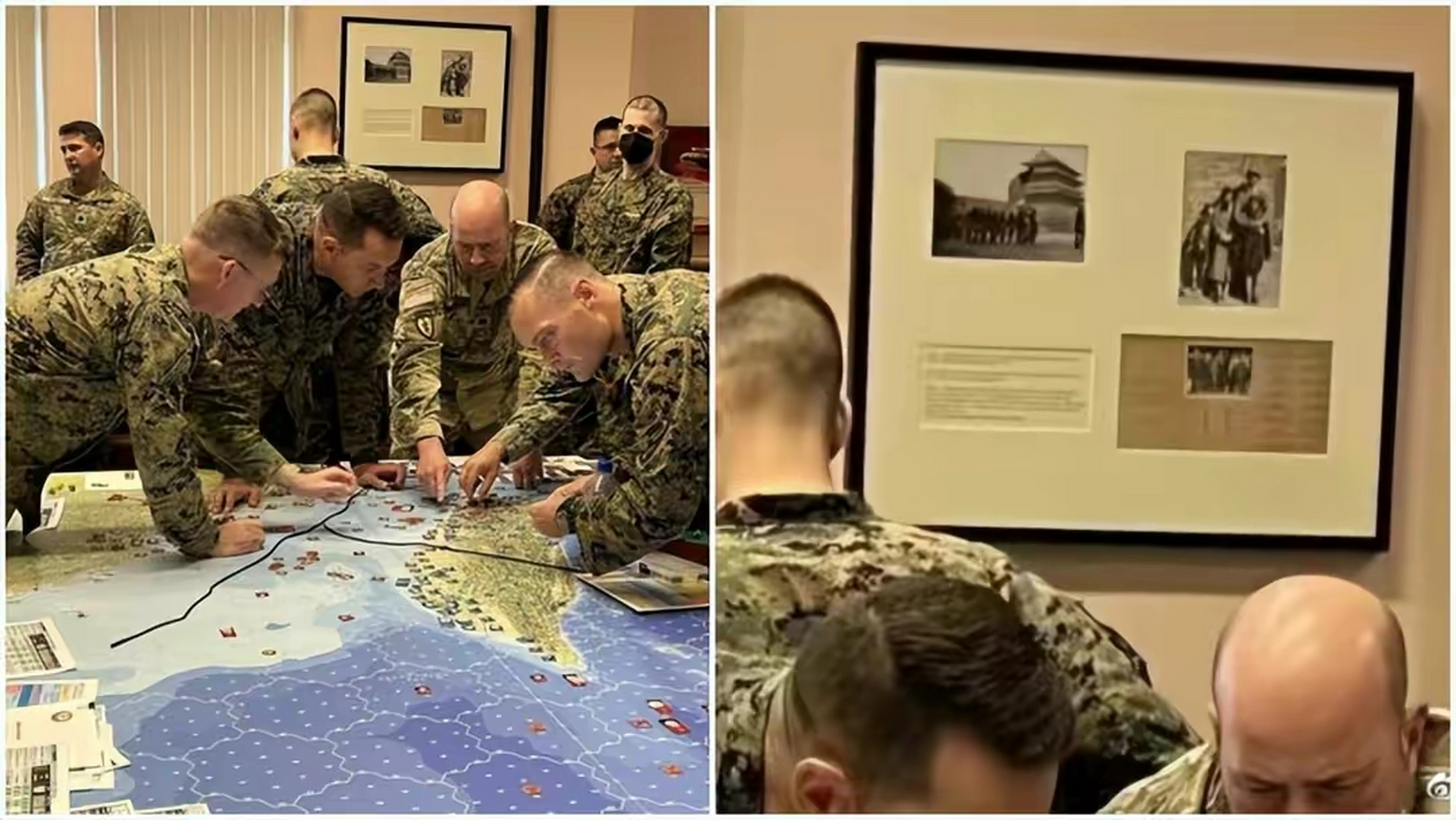 这是一张美军在进行台海作战的兵棋推演的照片,而墙上赫然挂着一百多