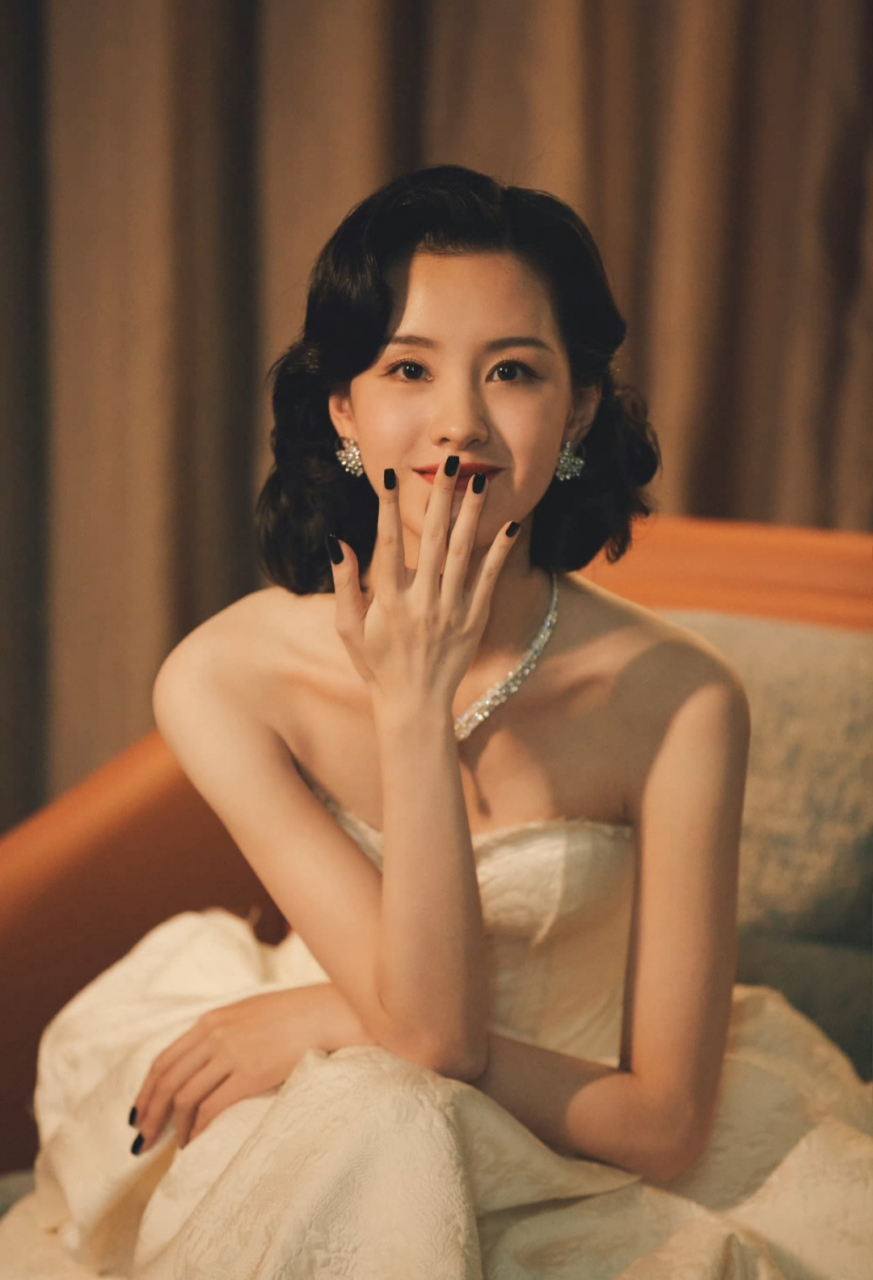 陈都灵身穿白色抹胸长裙搭配民国风发型,太美了!