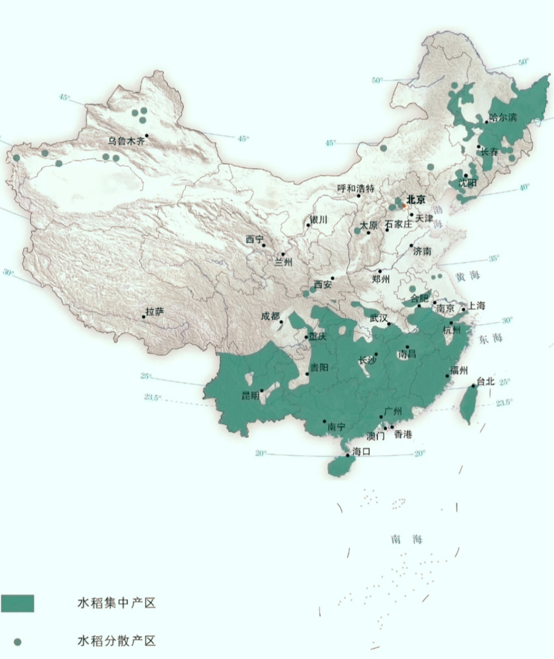 中国水稻主要产区分布示意图