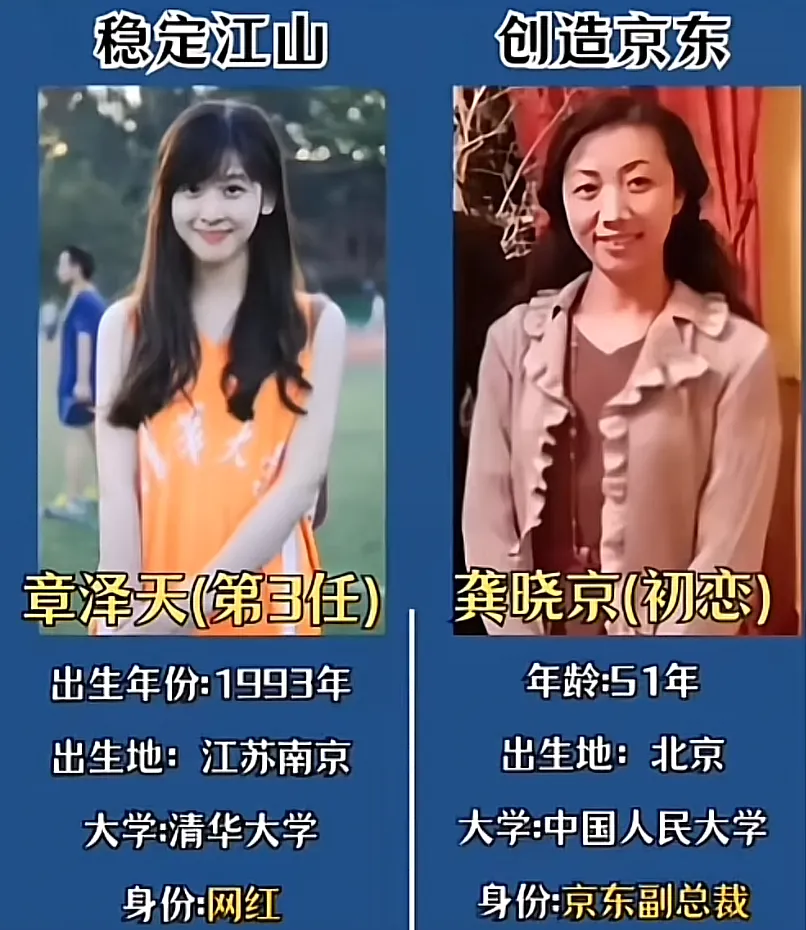 左边:现任章泽天,31岁,南京人 右边:初恋龚晓京,51岁,北京人