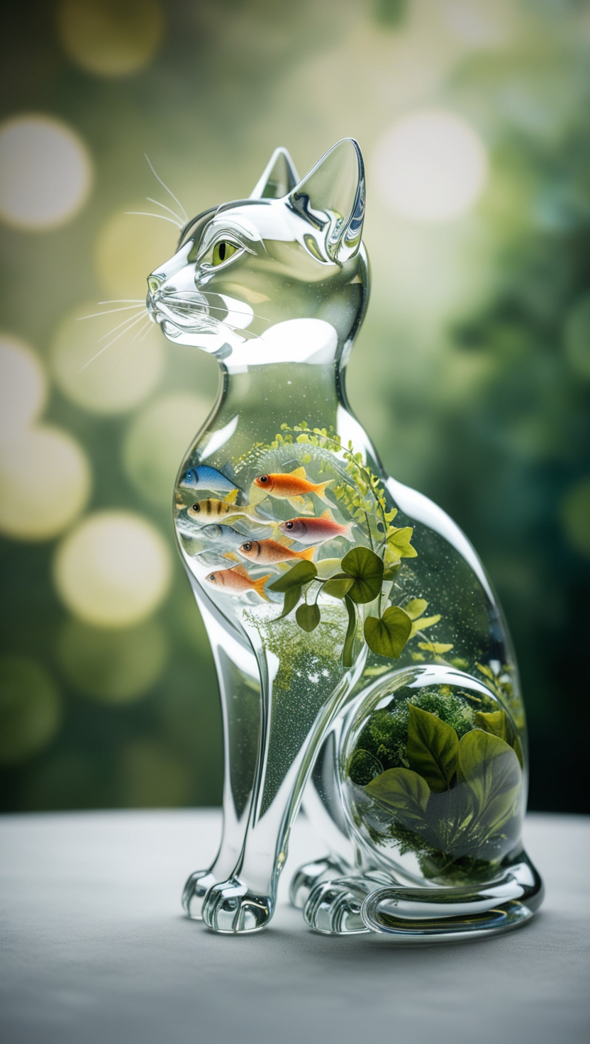 一只发光的透明玻璃猫,展示了一个错综复杂的内部生态