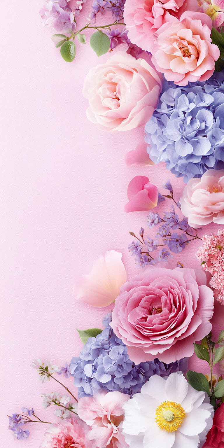 护眼壁纸 | 梦幻之门,花漾世界:蓝门绿意,白花朦胧,红花