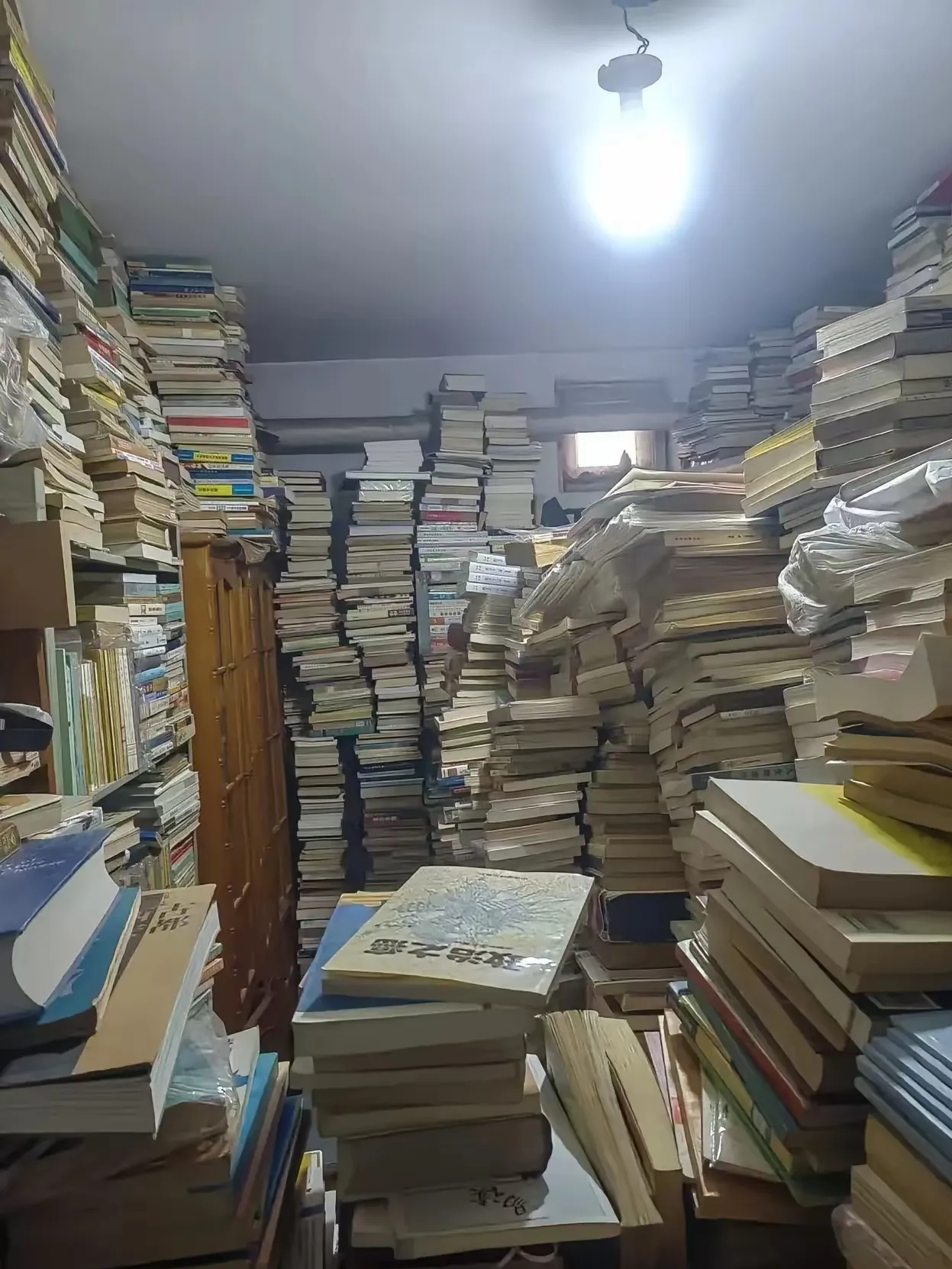 整个储藏室堆满了书,连下脚的地都没有!